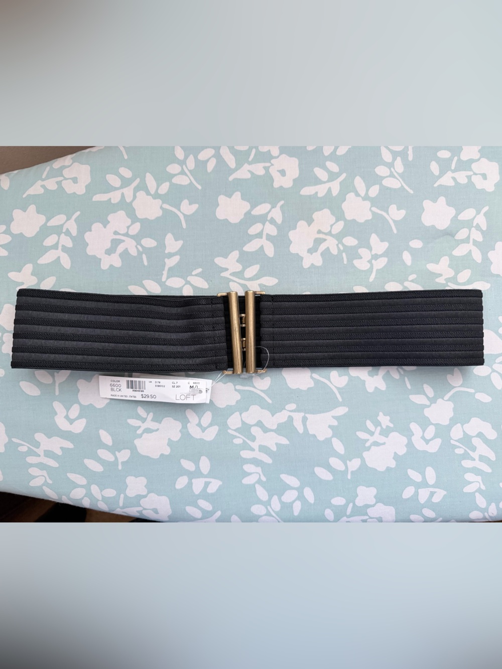 LOFT Black Ribbed Elastic Waist Belt with Gold-Tone Buckle